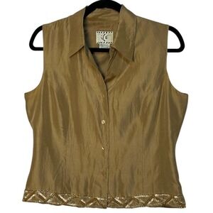 ice Gold Silk Blouse Sleeveless Button Up Designer Top Beaded Sequin Trim Medium